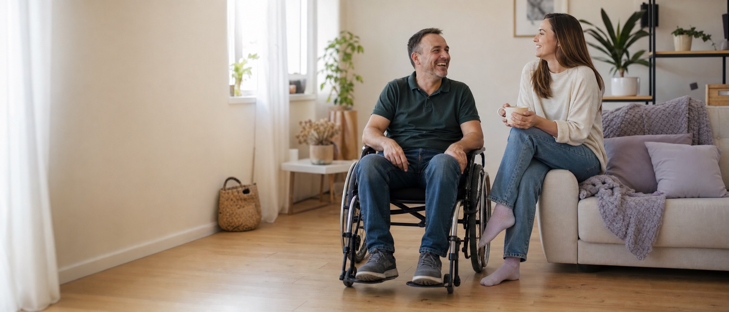 Uśmiechnięty mężczyzna na wózku rozmawia z córką w jasnym salonie